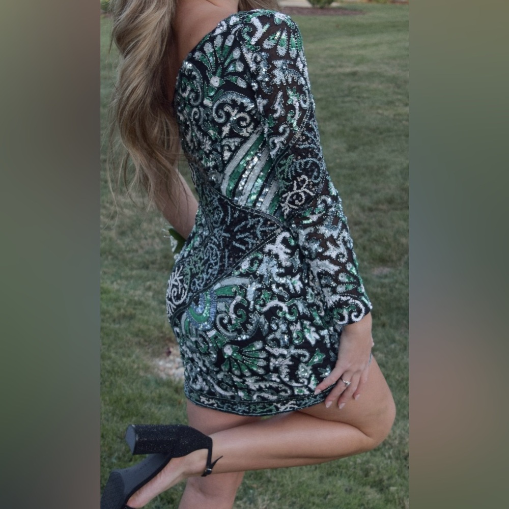 Sherri Hill beaded homecoming dress. Worn once. Teal, black, & white. One sleeve